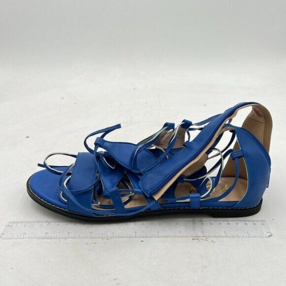 YDN Blue Knee High Lace up Flats Fringe Low Heel Gladiator Strap Sandals Shoe - Picture 2 of 8